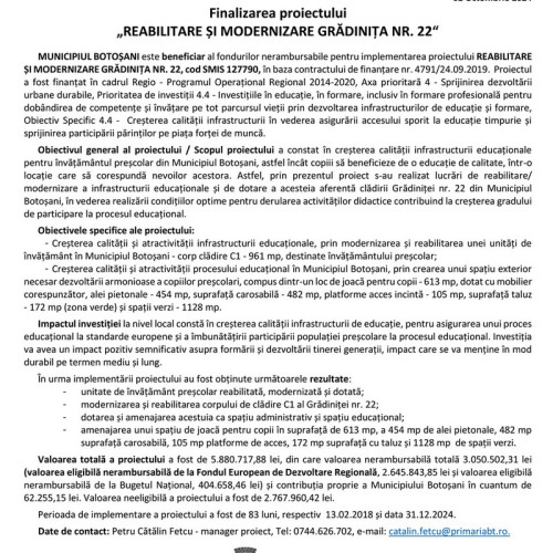 Municipiul Botoșani a finalizat proiectul de reabilitare și modernizare a Grădiniței Nr. 22