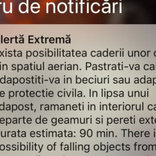 Avertizare RO Alert în județul Tulcea privind posibilitatea căderii de obiecte