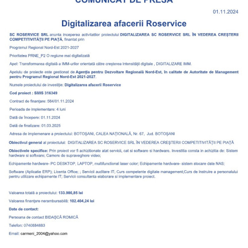 SC ROSERVICE SRL lansează proiectul de digitalizare