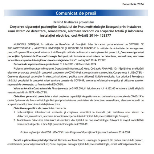 Proiectul de securitate la incendii la Spitalul de Pneumoftiziologie Botoșani
