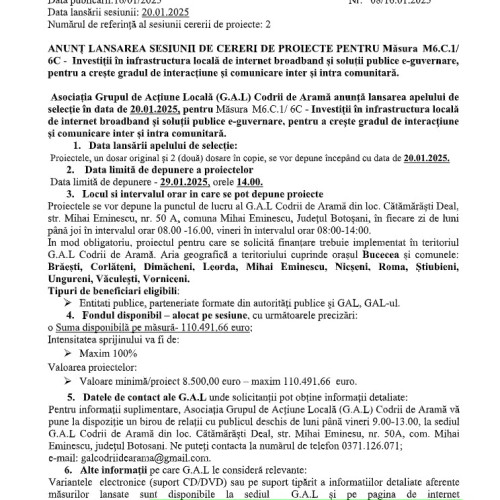 G.A.L Codrii de Arama anunță lansarea unui apel pentru investiții în infrastructura de internet