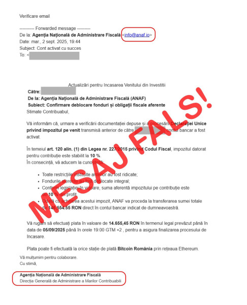 ANAF avertizează despre mesaje false trimise în numele instituției