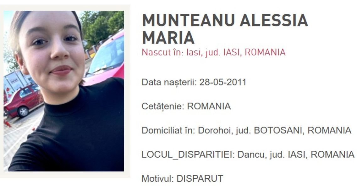 Fetiță de 14 ani din Botoșani dispărută în județul Iași