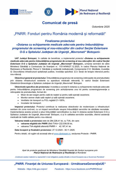 Spitalul „Mavromati“ Botoșani, dotat cu echipamente medicale noi pentru screeningul nou-născuților
