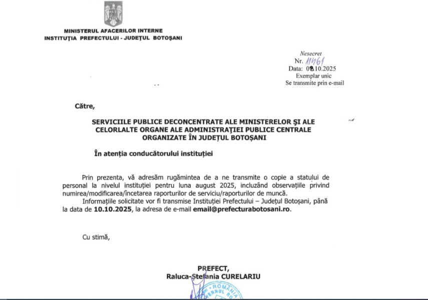 Prefectul Raluca Curelariu cere copiile statelor de personal ale instituțiilor din Botoșani