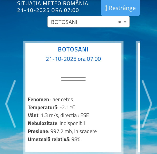 Primele temperaturi negative ale toamnei în județul Botoșani