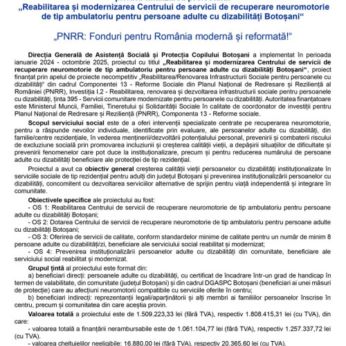 Finalizat proiect de reabilitare a centrului de recuperare pentru adulți cu dizabilități din Botoșani