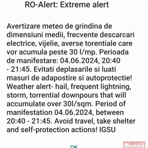 Peste jumătate din județ primește alertă - Titlu de știri RO-ALERT